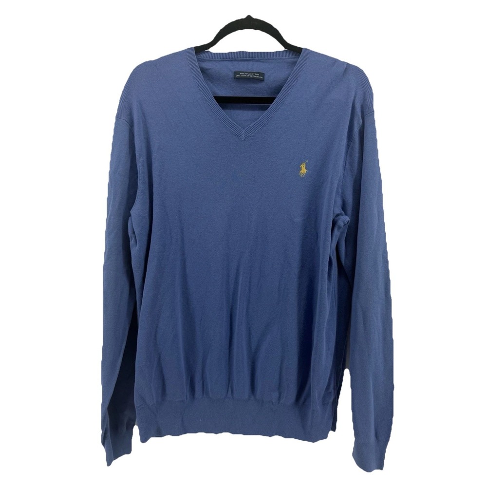 Polo Ralph Lauren Sweater Men Large Blue Cotton V Neck Pullover